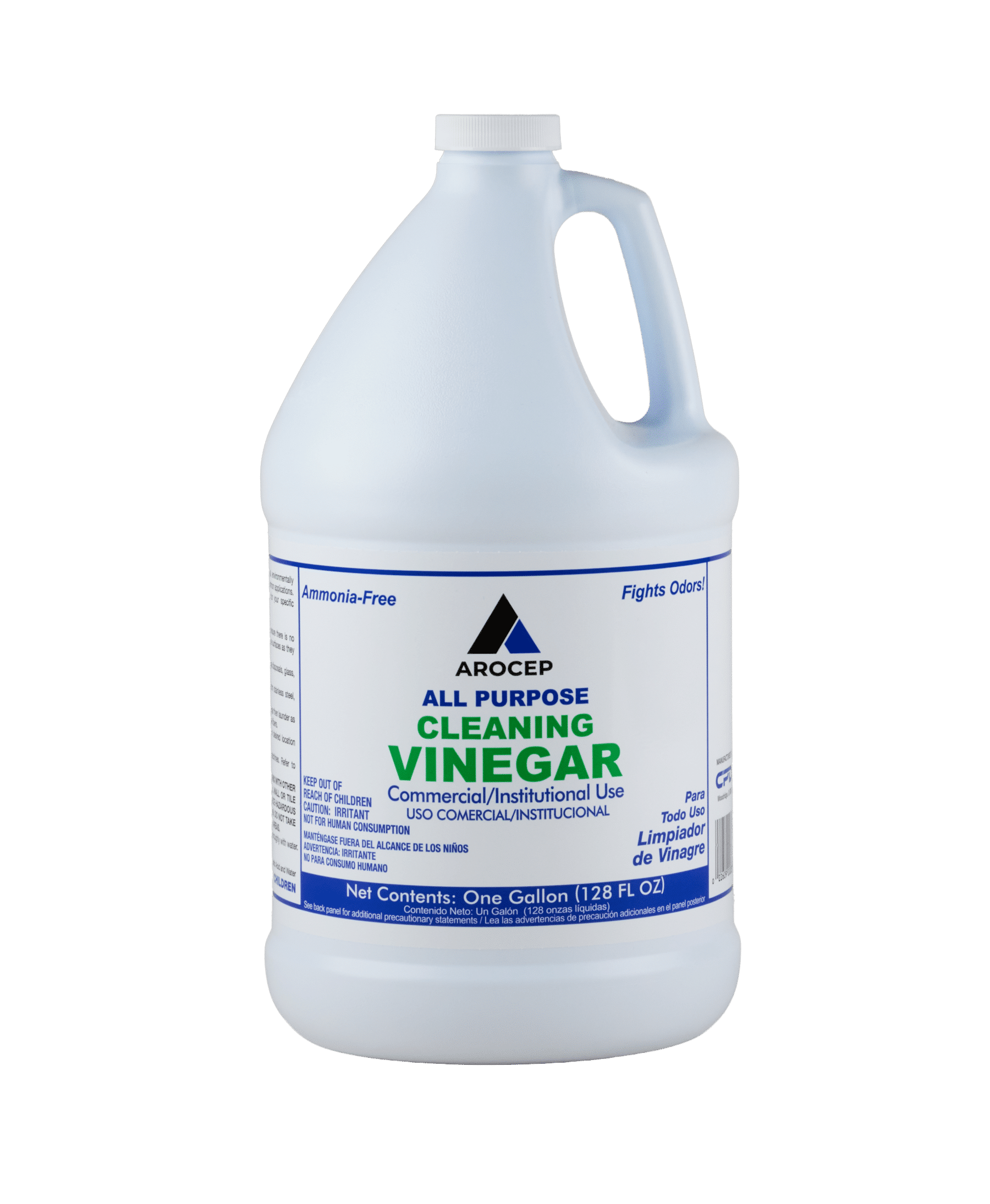 A white bottle of Arocep All Purpose Cleaning Vinegar. The bottle reads Ammonia-Free and Fights Odors.