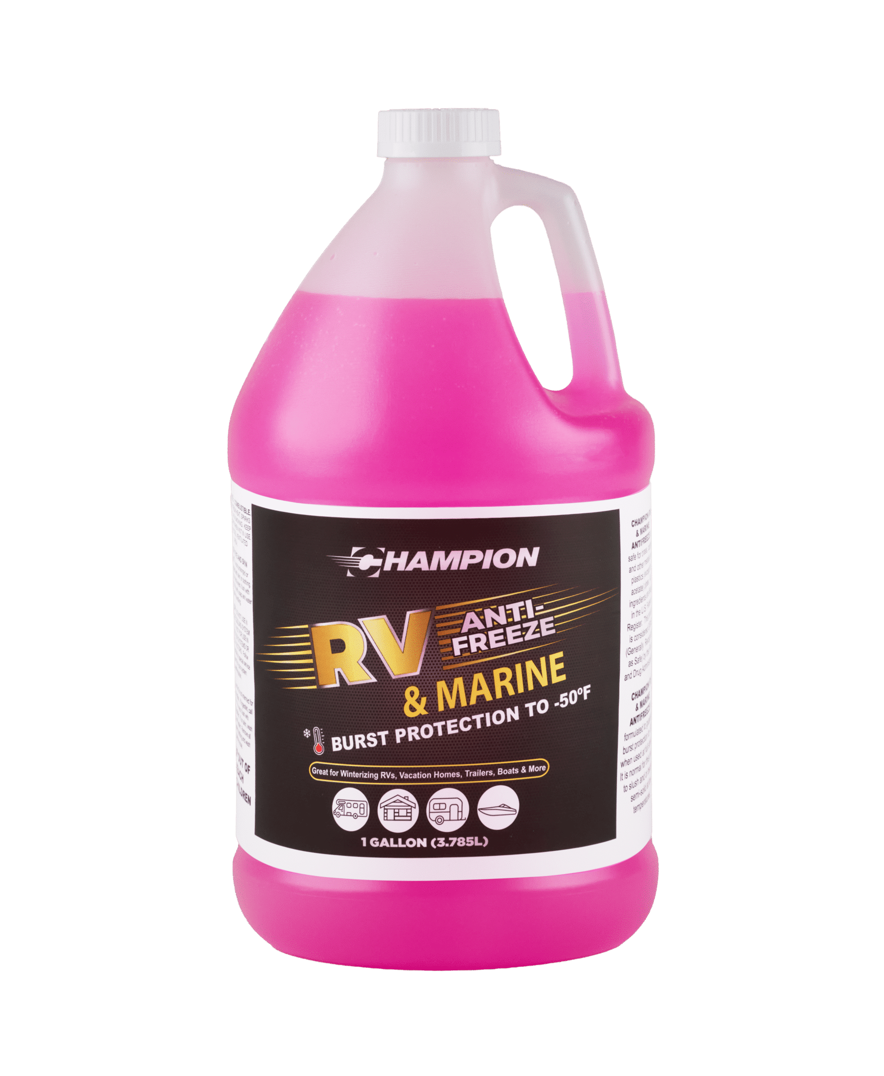 A bottle of Champion RV Anti-Freeze and marine burst protection to -50 degrees fahrenheit is filled with pink liquid.