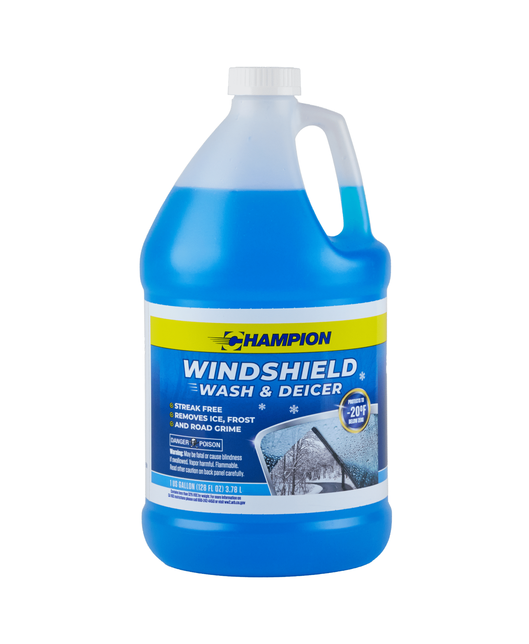 A bottle of Windshield wash and deicer is filled with bright blue liquid. The label reads "protects to negative 20 degrees fahrenheit".