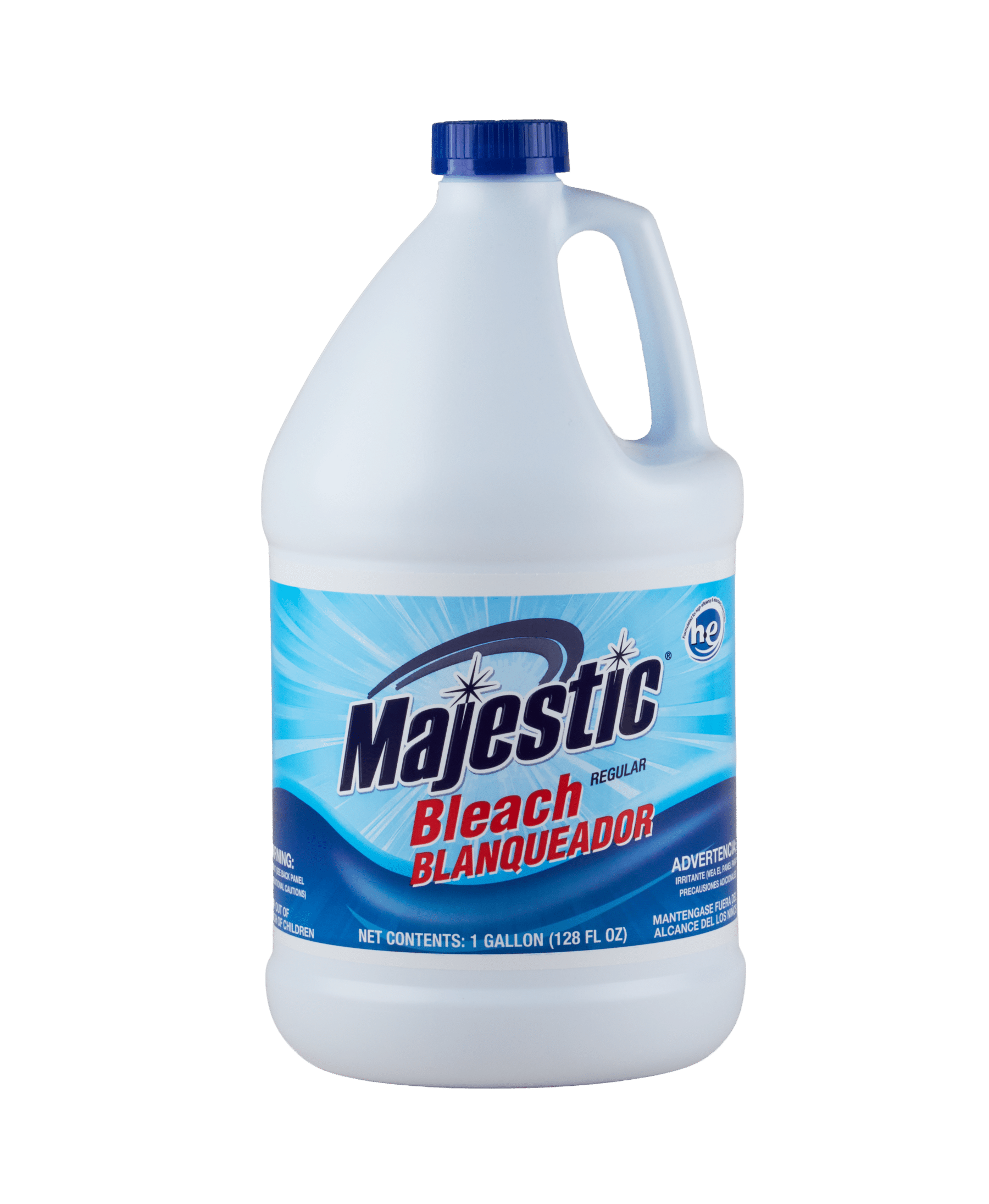 A white bottle of Majestic Bleach. The label is blue and the bottle has a blue cap.
