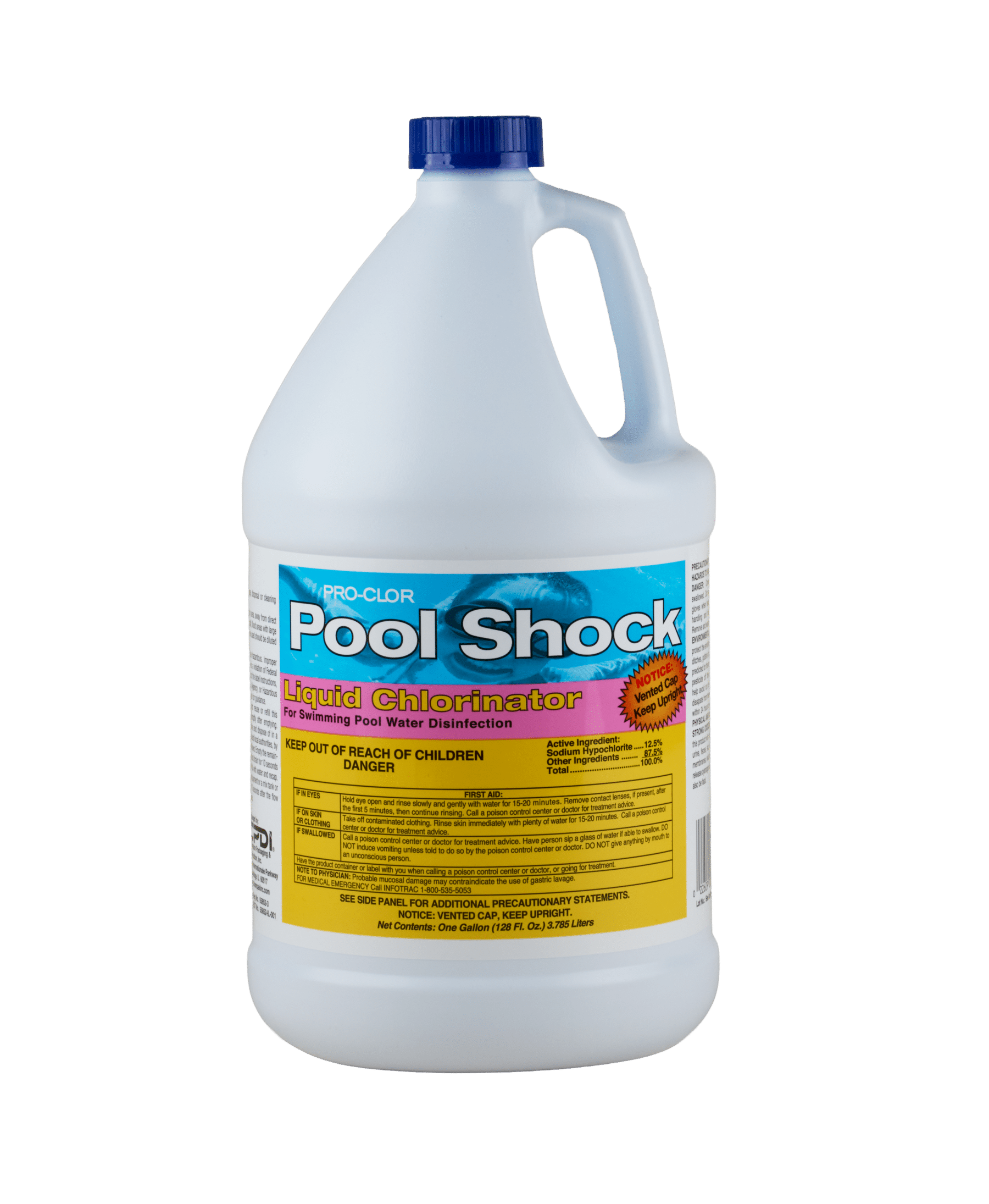 A white bottle of Pro-Clor Pool Shock Liquid Chlorinator. The bottle has a label that says "For swimming pool water disinfection".