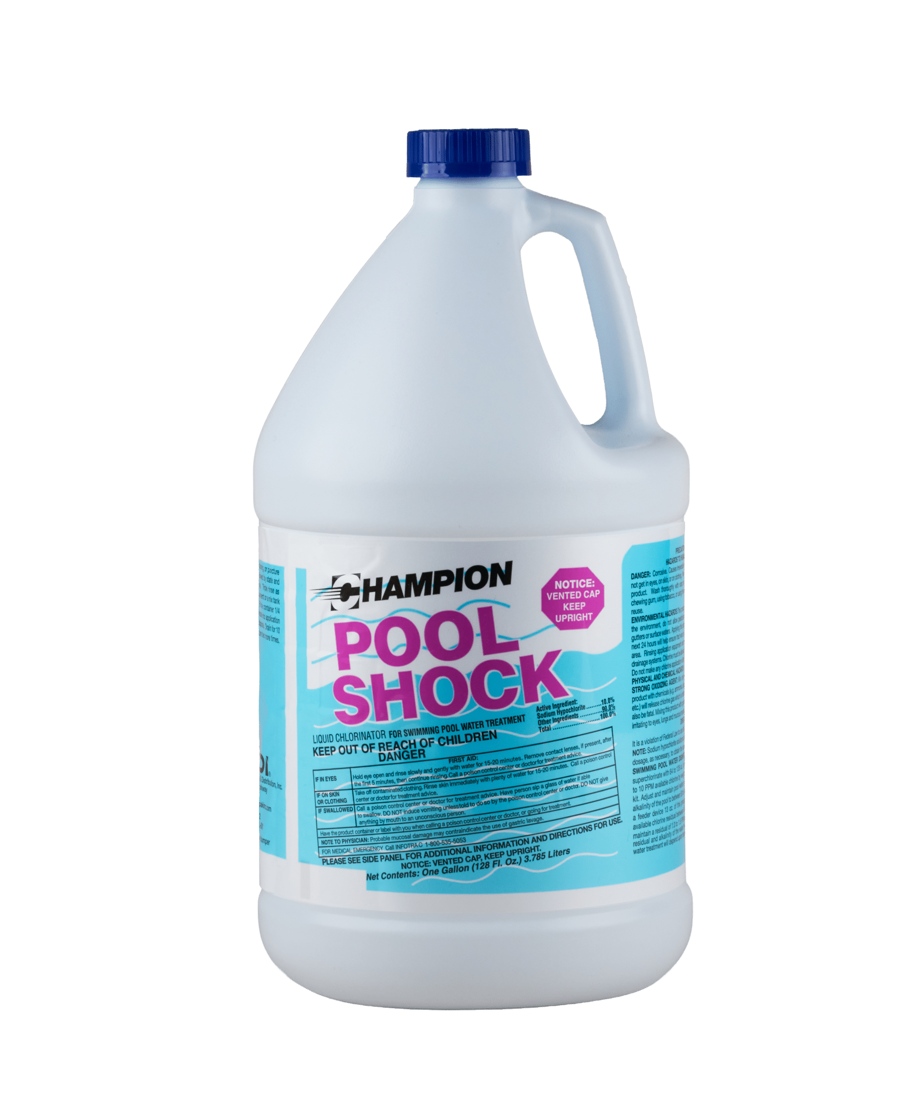 A white bottle of Champion Pool Shock. It has a label with blue background and a dark blue cap on it.