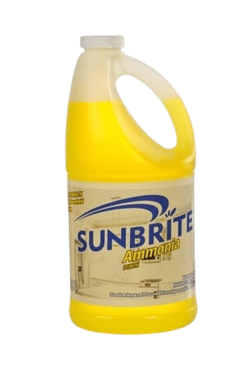 A yellow bottle of Sunbrite Ammonia shows a sparkling kitchen on it's label.