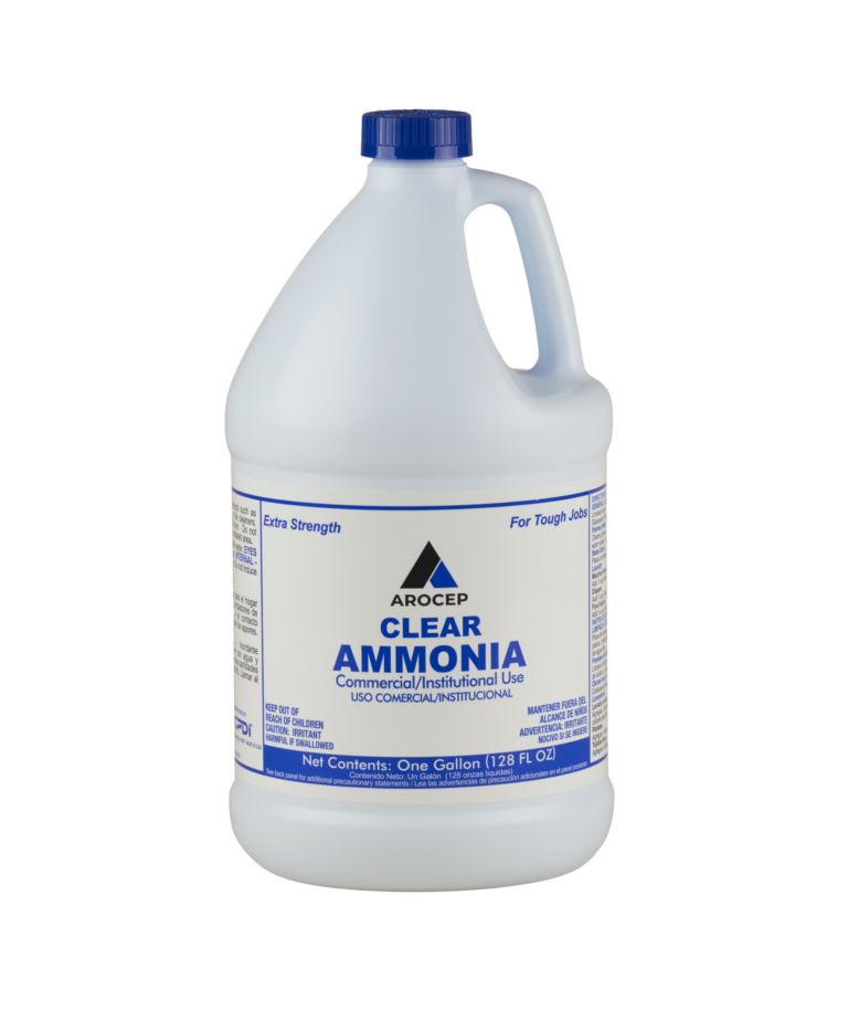 A white bottle of Arocep Clear Ammonia. The bottle reads "Extra Strength" and "For Tough Jobs"