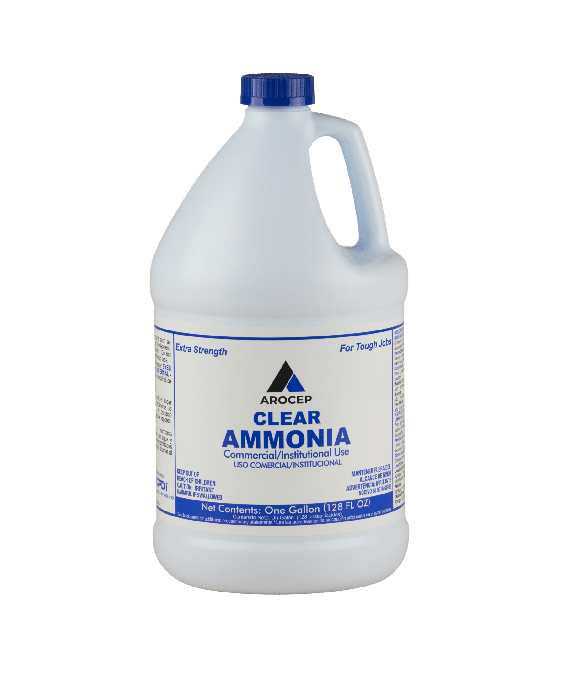 A white bottle of Arocep Clear Ammonia. The bottle reads "Extra Strength" and "For Tough Jobs"