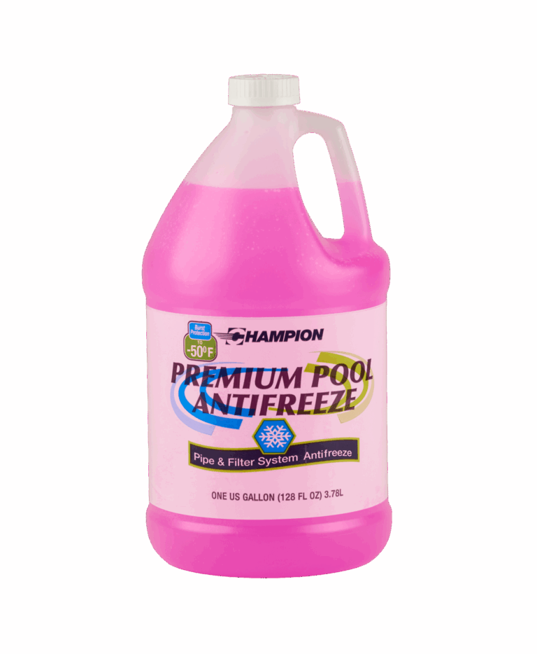 A clear bottle of Champion Premium Pool Antifreeze filled with pink liquid. The label reads "Burst protection to -50 degrees fahrenheti".