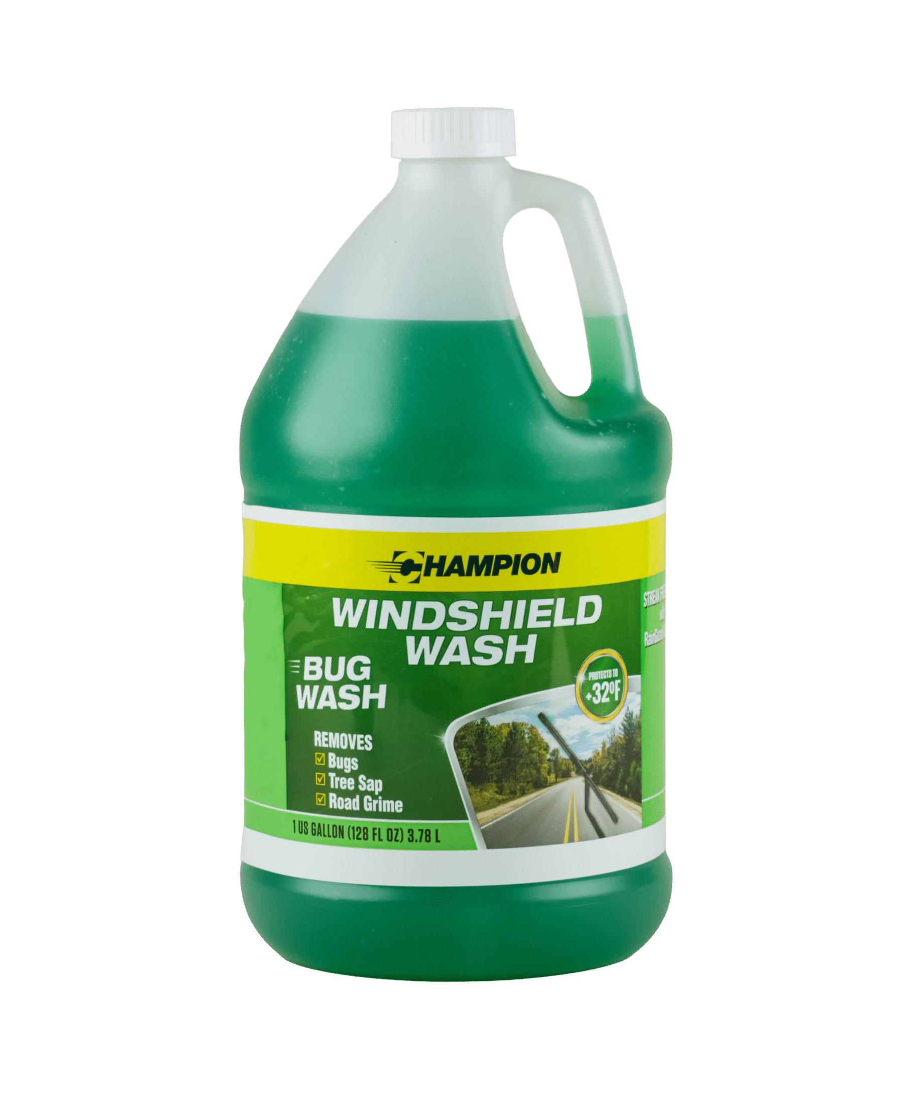 A bottle of Champion Windshield Wash filled with green liquid. The label says, "Removes bugs, tree sap, and road grime".